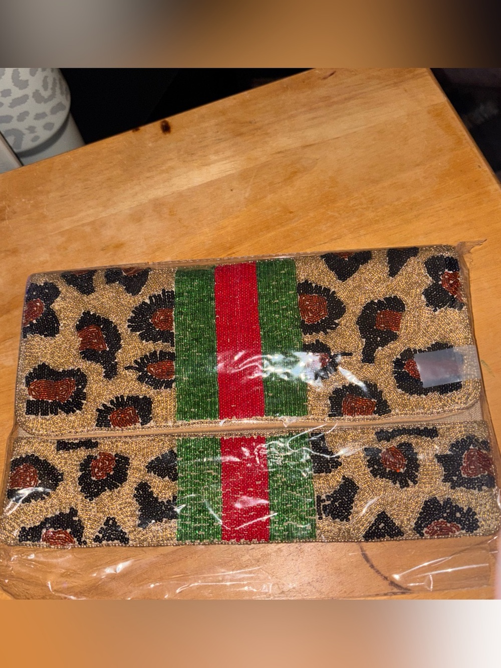 Leopard Beaded Clutch with Green and Red Stripe